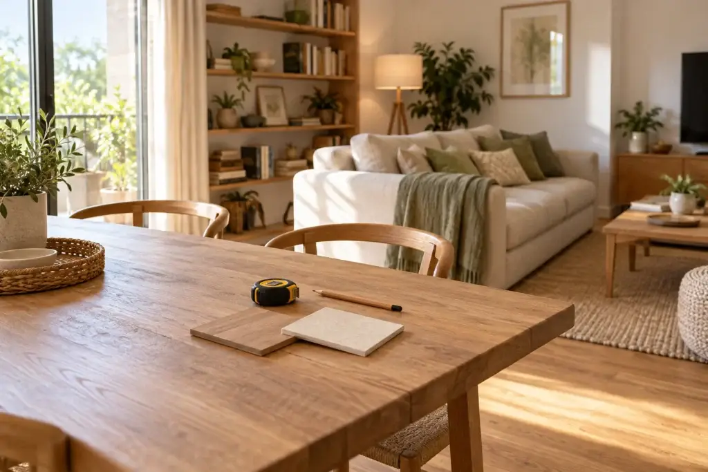 Sal&oacute;n luminoso con una mesa donde hay una cinta m&eacute;trica, un l&aacute;piz y muestras de materiales