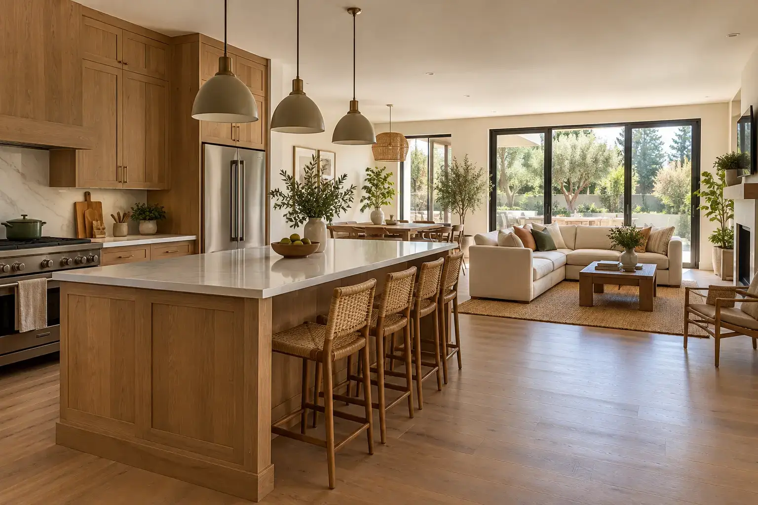 Cocina abierta conectada visualmente con el salón