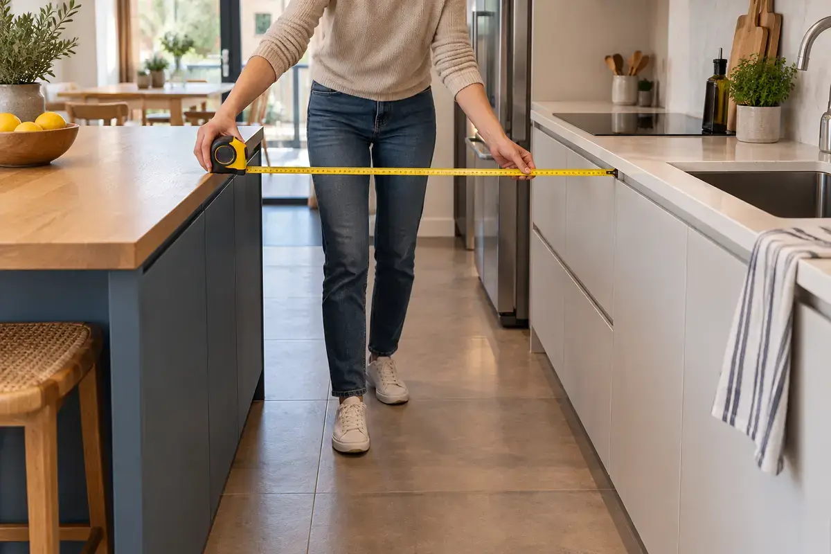 Persona midiendo el paso entre dos frentes de cocina