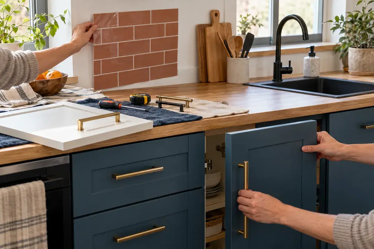 Manos sujetan un frente de mueble azul y una muestra de azulejos en una cocina.