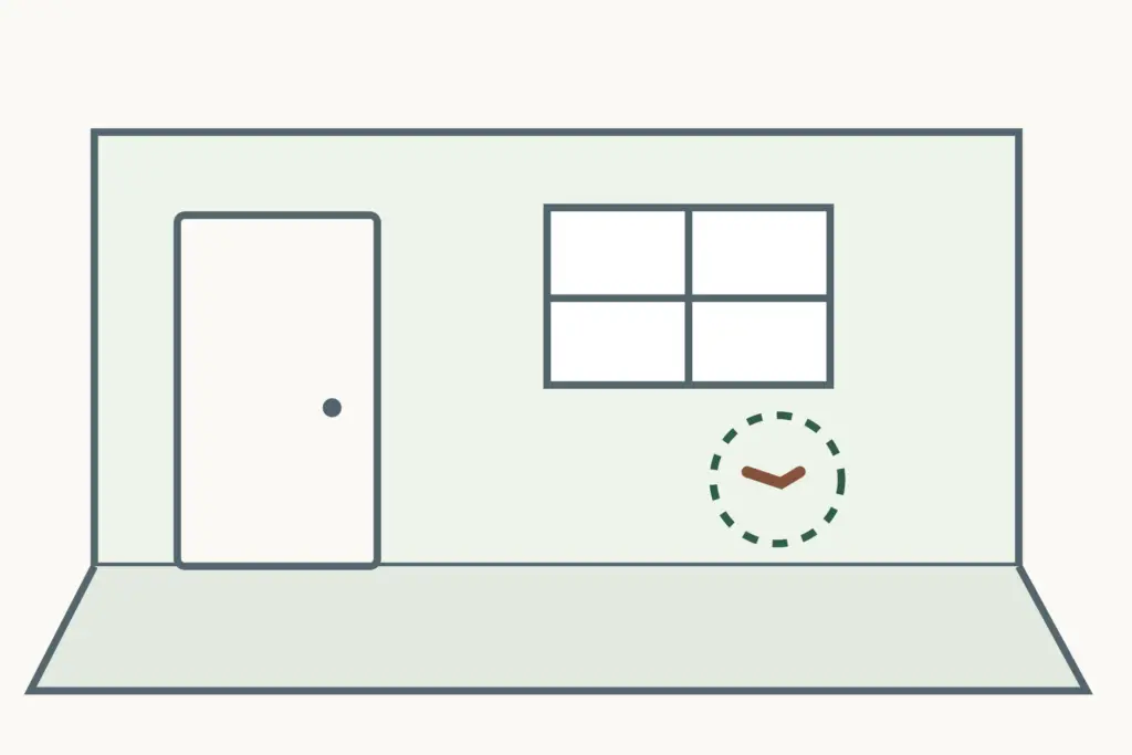 Ilustración de una habitación con puerta y ventana; un círculo señala el punto que se documenta.